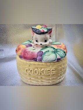 Vintage Cookie Jar Retro Cat in Fruit Basket - Cute MCM Kitschy Kitty